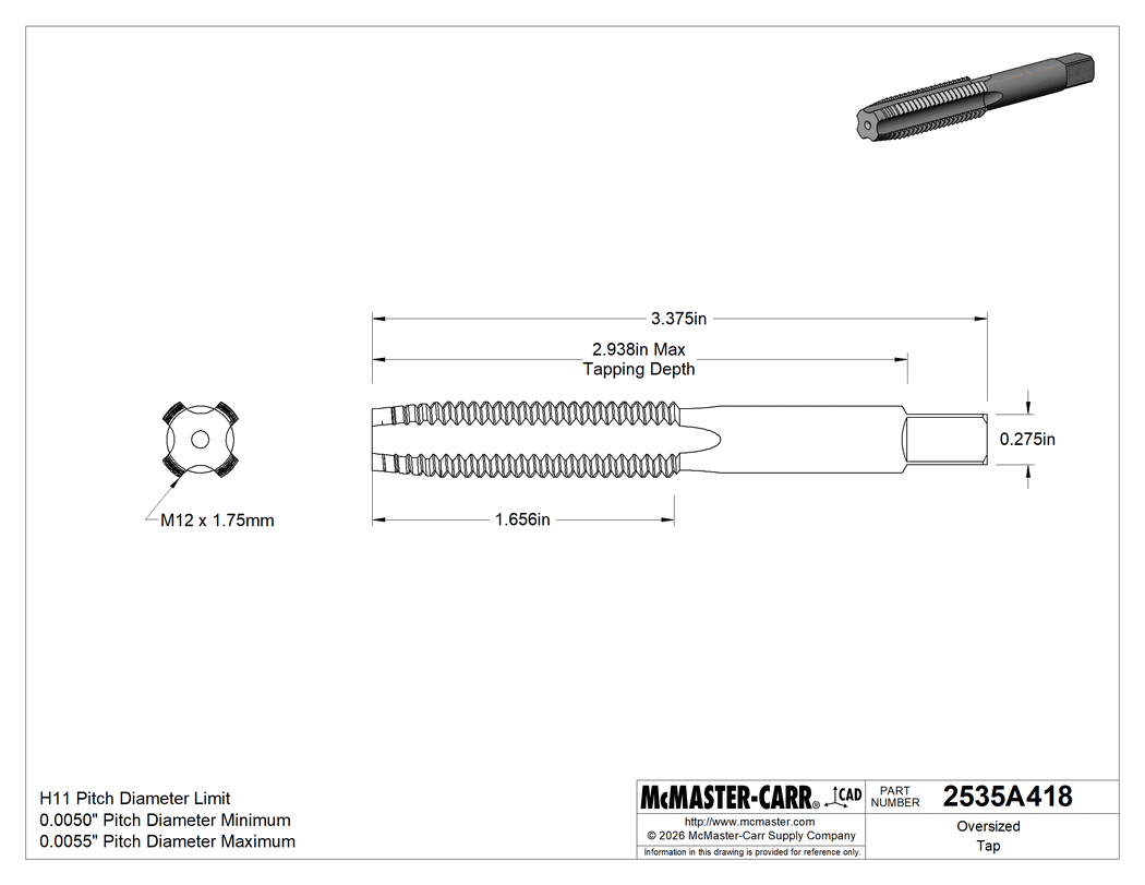 Technical Drawing of Oversized Tap, M12 x 1.75 mm Thread, 1-21/32" Thread Length.